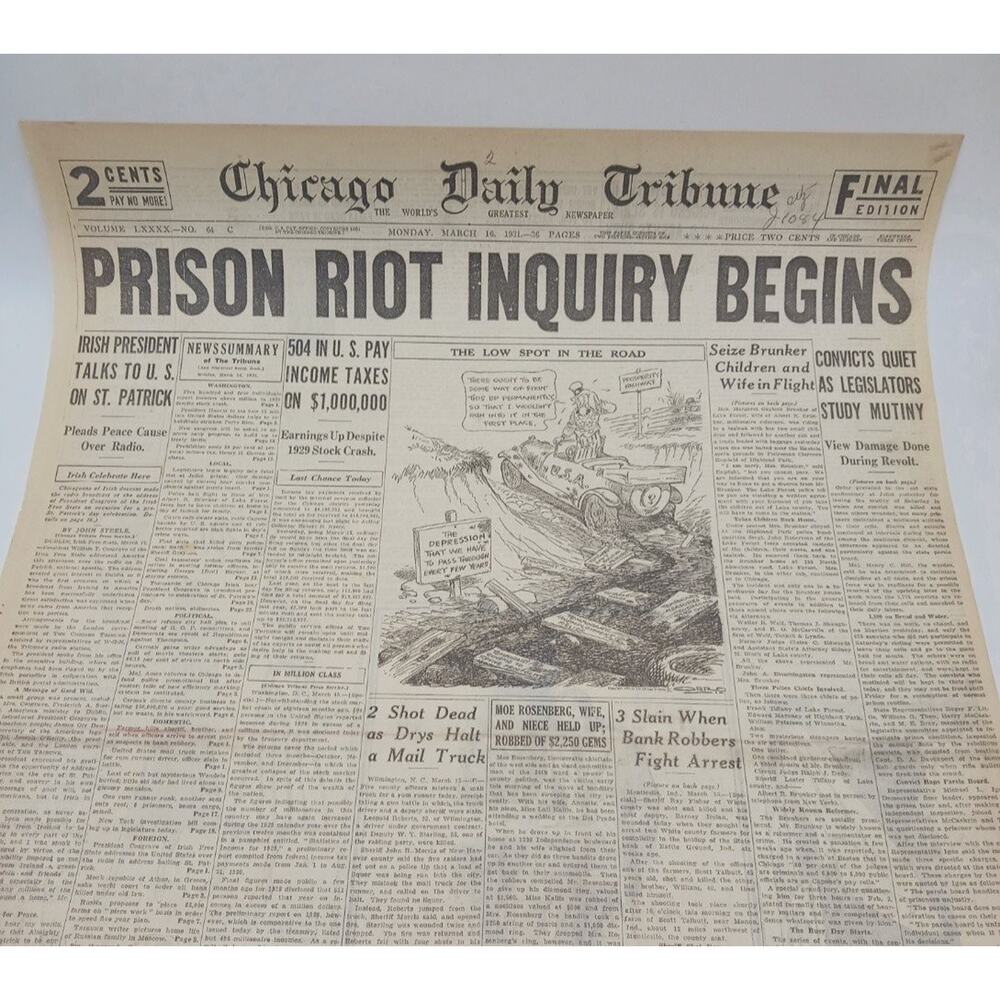 1931 Prison Riot Inquiry Stock Crash Bank Robbers Chicago Tribune Newspaper Page
